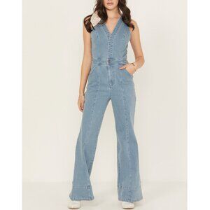 Flying Tomato Women's Light Wash Open Back Denim Jumpsuit Neutral Casual Small